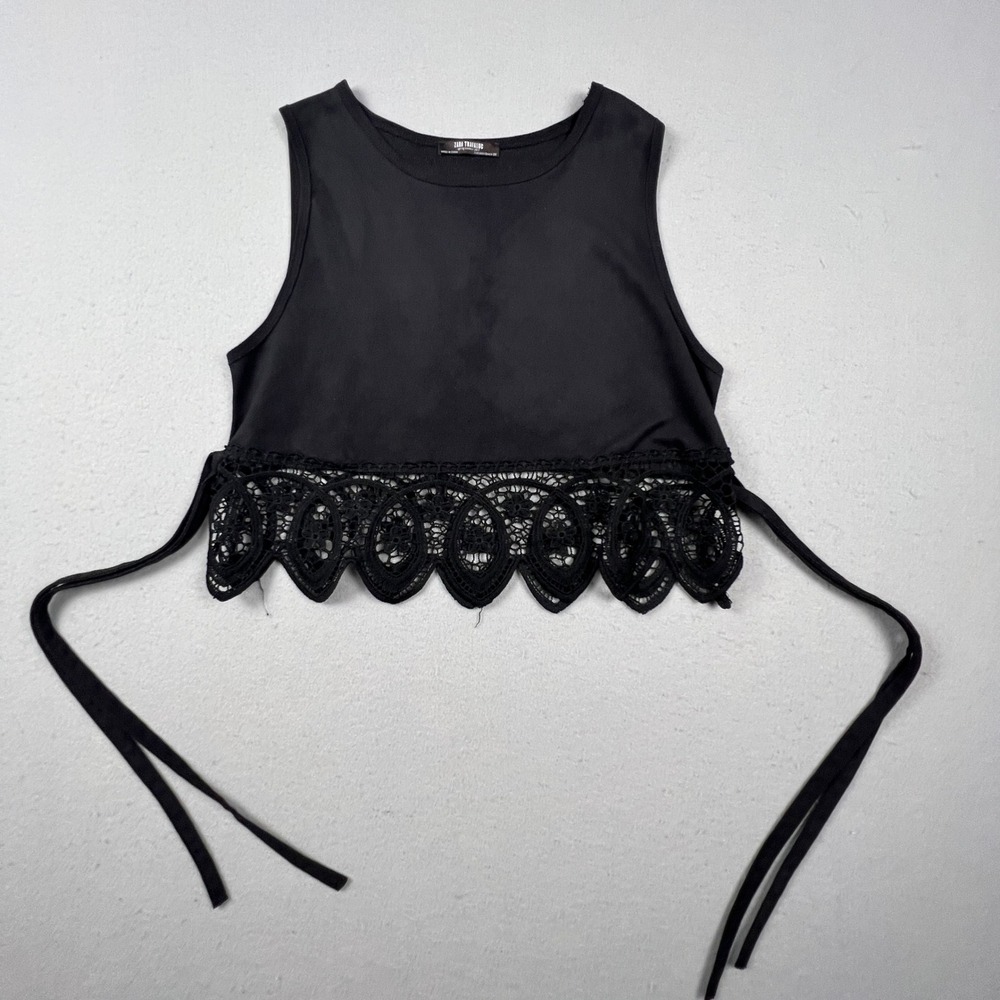 Zara Crop Top Womens Small Black Crochet Lace Hem Side Tie Boho‎ Sleeveless Tank